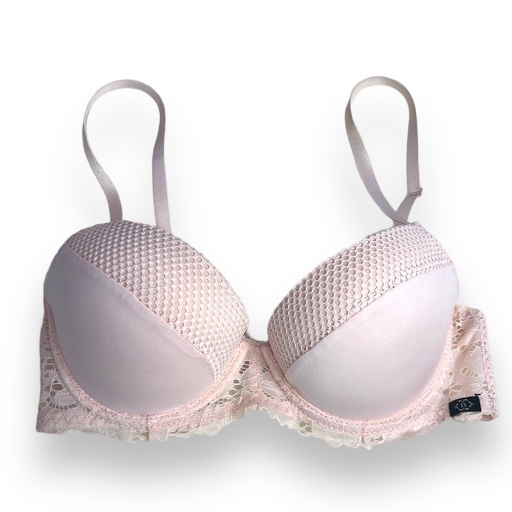 Nanette Lepore padded push-up bra pink mesh lace 34C convertible racerback EUC